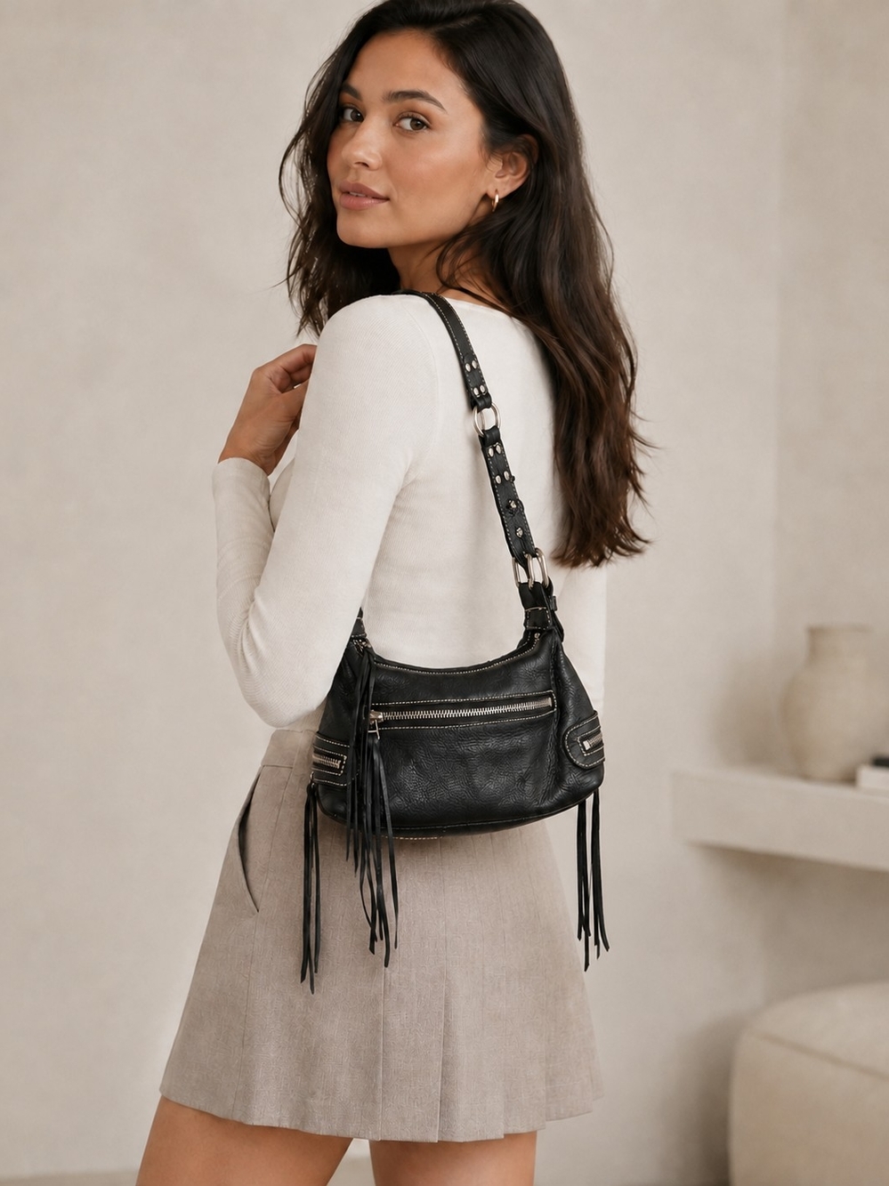 Vintage Roots Black Leather Shoulder Bag with Fringe and Studded Strap